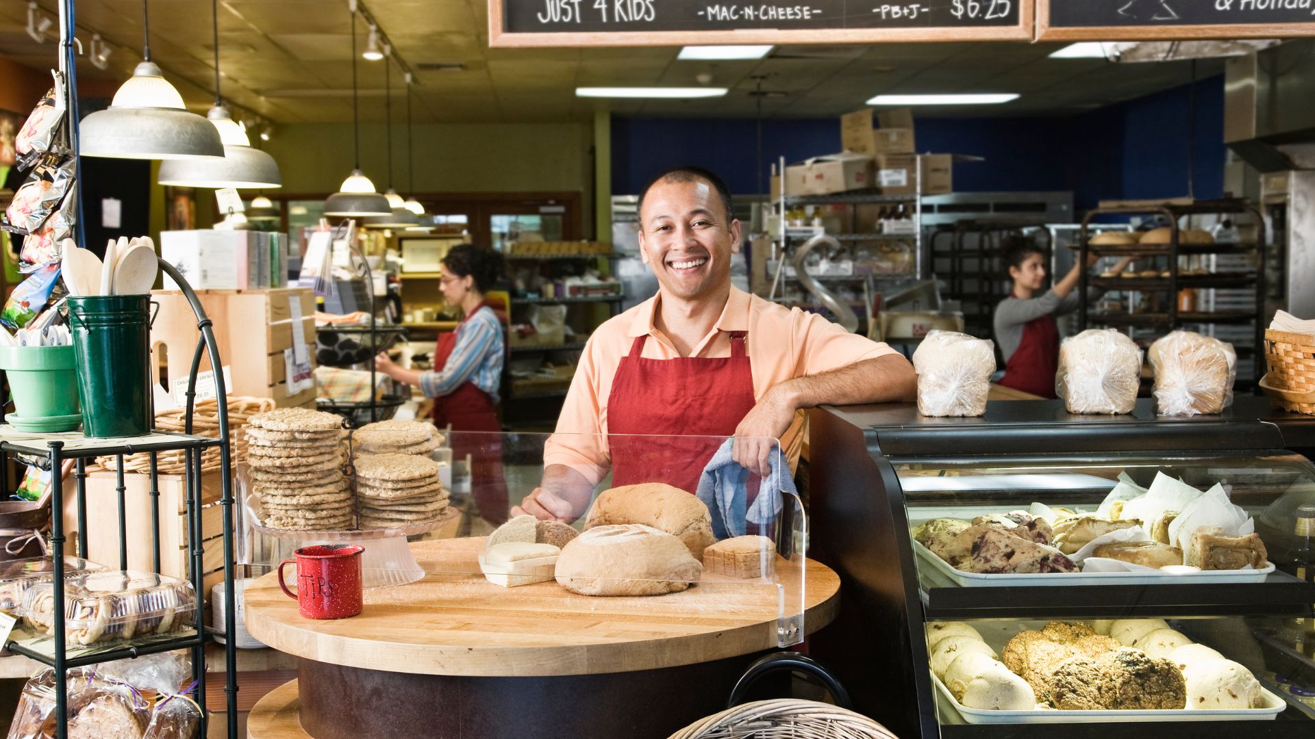 A middle aged man in a bakery 